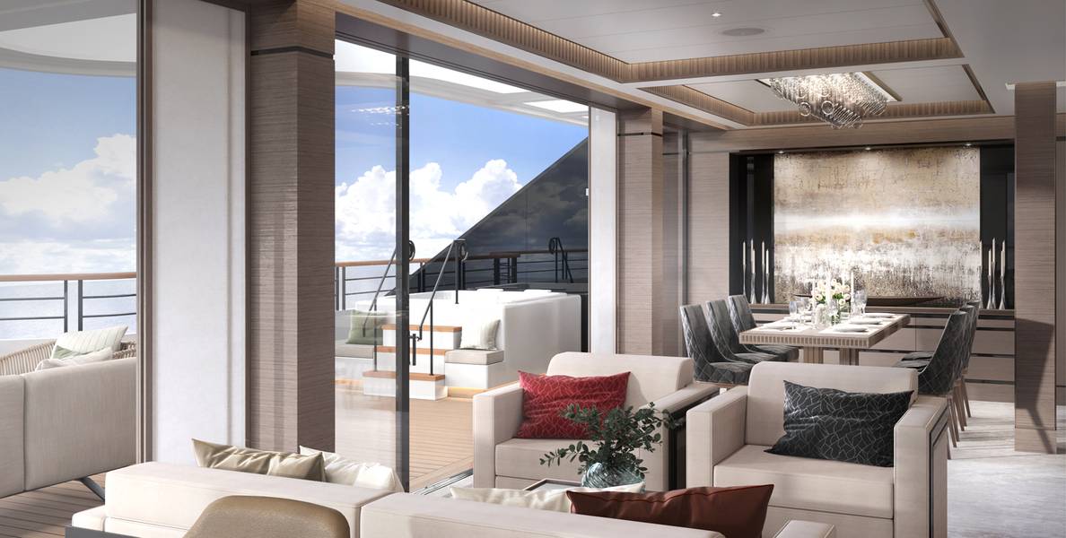 Sala de estar de la suite del propietario. Crédito de la foto: The Ritz Carlton Yacht Collection.
