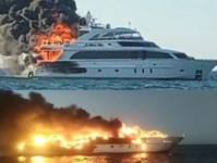 ​​(La Dolce Vita on fire shortly after passengers and crew abandoned the vessel (top) and the yacht afire shortly after sunset on March 16, 2021 (Bottom). (Source: Captain of La Dolce Vita)​