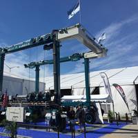       The 75-ton BFM II mobile boat hoist at the Miami International Boat Show, February 2015 (Photo courtesy of Marine Travelift)