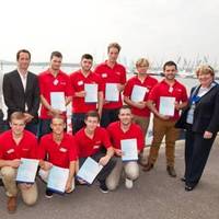 Sir Ben Ainslie, BMF President Fiona Pankhurst and Pendennis apprentices and representatives