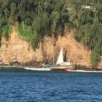 The Coast Guard responds to a 63-foot motor vessel, Midway Island, grounded off Ale Ale’a Point, Hilo, February 4, 2020. At 5:33 p.m. Monday, Sector Honolulu watchstanders received a report from Hilo Fire Department of the grounded vessel on the rocks with a mariner aboard. (Photo: U.S. Coast Guard) 