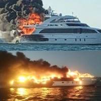 ​​(La Dolce Vita on fire shortly after passengers and crew abandoned the vessel (top) and the yacht afire shortly after sunset on March 16, 2021 (Bottom). (Source: Captain of La Dolce Vita)​