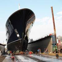 The megayacht Cakewalk, built at Derecktor Shipyards’, Bridgeport, Ct., shipyard was launched using air bearings. Photo courtesy AeroGo, Inc.