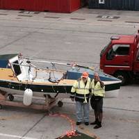 Victor Mooney and a port worker in Las Palmas, Canary Islands