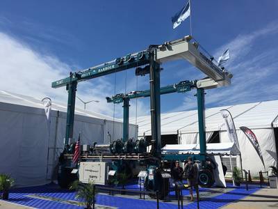       The 75-ton BFM II mobile boat hoist at the Miami International Boat Show, February 2015 (Photo courtesy of Marine Travelift)