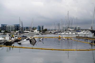 Clean-up efforts are underway after a 100-foot yacht caught fire in Marina del Rey, Calif. (Photo: Frank Lower / U.S. Coast Guard)
