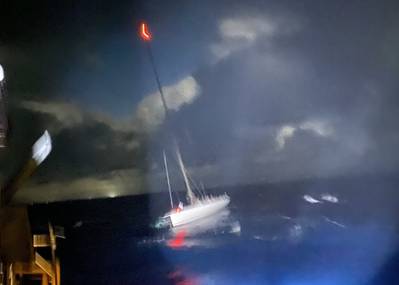 Coast Guard crews rescued 15 mariners aboard the disabled 72-foot sailing vessel Lucky, 26-miles east of Makapu’u Point, Oahu, July 24, 2021. The Lucky was adrift due to a disabled rudder and crews aboard the Coast Guard Cutter Oliver Berry (WPC 1124) and a Station Honolulu 45-foot Response Boat-Medium successfully towed the vessel to Honolulu Harbor. (U.S. Coast Guard photo courtesy of the Coast Guard Cutter Oliver Berry/Released)