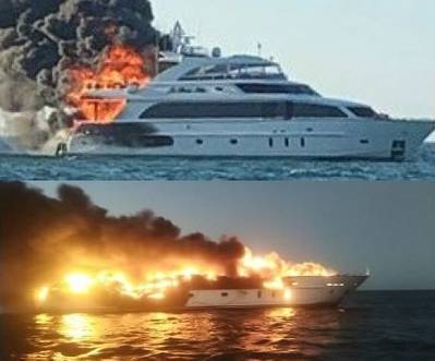 ​​(La Dolce Vita on fire shortly after passengers and crew abandoned the vessel (top) and the yacht afire shortly after sunset on March 16, 2021 (Bottom). (Source: Captain of La Dolce Vita)​