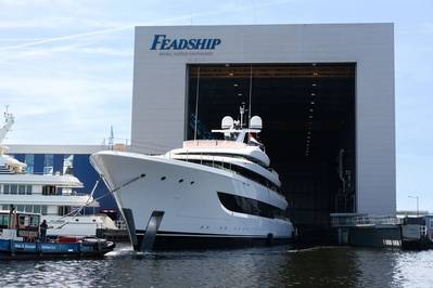 Feadship celebrates another milestone as Project 827 emerges from the shed at the Amsterdam facility. Credit: Feadship