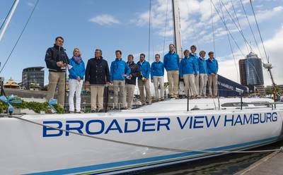 Naming ceremony of “Broader View Hamburg” with Tor Svensen, CEO DNV GL – Maritime, Verena Bouillon, godmother of the sailing yacht and Business Development Manager at DNV GL, and Dr Hanns Ostmeier, Chairman of the Hamburgischer Verein Seefahrt (from left).