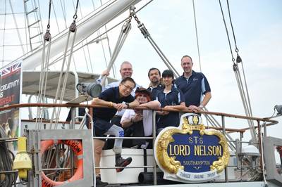 (left to right): Singaporean mountaineer David Lim; Capt. Jonathan Walker (Head of Asia & Australasia, London Offshore Consultants); Nicolas White, Director/Scallywag (London Offshore Consultants, Singapore); Lord Nelson crew members Jim Bek and Ong Shi Yi; British High Commissioner to Singapore, Antony Phillipson.