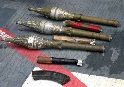 Rocket propelled grenades (RPGs) and other armaments lay on the deck of USS Cape St. George (CG 71) after being confiscated during an early-morning engagement with suspected pirates. Cape St. George and USS Gonzalez (DDG 66) were fired upon while preparing to board a suspect vessel operating in international waters off the coast of Somalia. One suspect was killed and 12 were taken into custody. Coalition forces conduct maritime security operations to ensure security and safety in international w