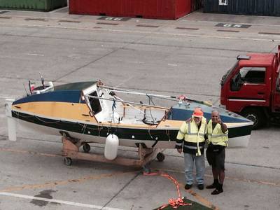 Victor Mooney and a port worker in Las Palmas, Canary Islands