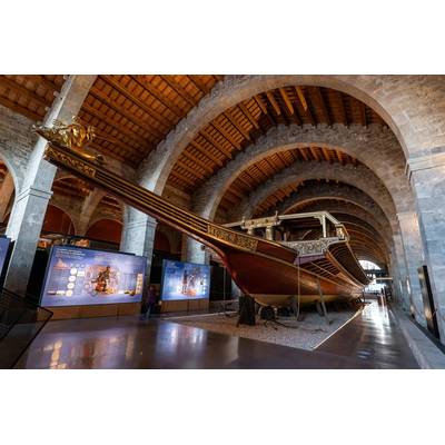 Barcelona, Spain - 12.04.2022: Royal Galley ship in the Maritime Museum, built in the Drassanes Reials in 1568. Copyright mitzo_bs/AdobeStock