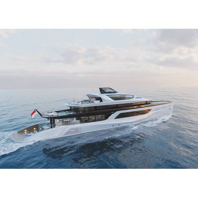 Jury Chairman Roger Lean-Vercoe said Hakim’s “well-presented design showed strong, innovative and attractive lines, which were accompanied by an extremely well-drawn general arrangement plan and an appealing interior design.” Image courtesy Feadship