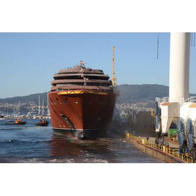 Launched in October 2018 at Hijos de J. Barreras Shipyard in Vigo, Spain, the flagship of the new brand is now in outfitting and interior finishing. Photo credit: The Ritz Carlton Yacht Collection