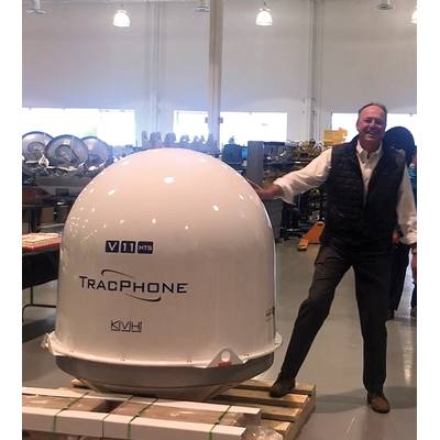 Martin Kits van Heyningen, CEO, KVH, on the manufacturing floor on the day KVH shipped its first TracPhone V11-HTS in April 2019. Photo: KVH