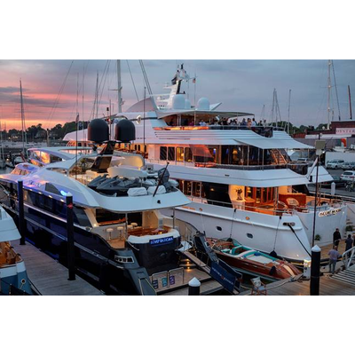 The 123’ motor yacht Temptation and the 198’ motor yacht Blue Moon represented some of the diverse chartering options in New England at the 2018 Newport Charter Yacht Show presented by Helly Hansen Newport. (photo credit: Billy Black)