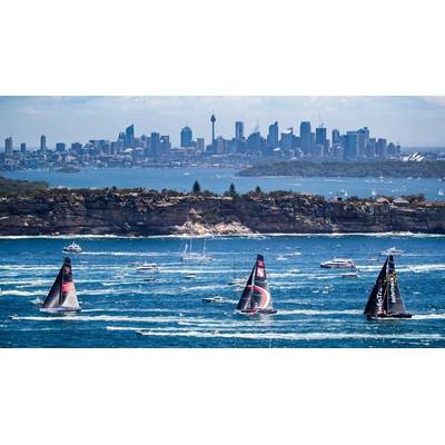 Wild Oats XI, Scallywag and Infotrack shortly after the 2018 Rolex Sydney Hobart Yacht Race start. Photo: Courtesy Rolex Sydney Hobart Yacht Race.