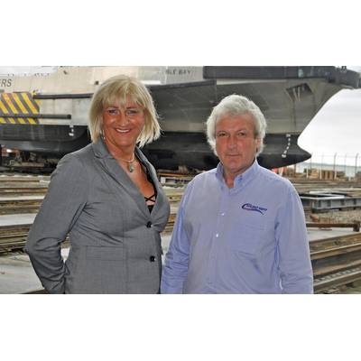 YachtProjects International owner Pippa Nicholas, left, and Allan Foot, MD of Solent Refit, right, at Hythe (Photo: YachtProjects)